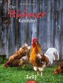 „Der Hühner Kalender 2017“. Ein Hahn und zwei braune Hühner stehen auf grünem Gras vor Holzwänden.