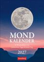 "Mondkalender 2027, 53 Wochenblätter mit praktischen Tipps. Ein großer Vollmond über einer Berglandschaft bei Dämmerung."