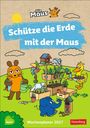 "Schütze die Erde mit der Maus" und "Wochenplaner 2027". Illustration mit Maus, Ente und Elefant beim Pflanzen.