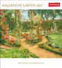 "MALERISCHE GÄRTEN 2027", "Harenberg". Kalender mit 53 Kunstpostkarten. Eine Gartenillustration mit blühenden Pflanzen und Figuren.