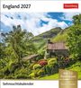"England 2027" und "Sehnsuchtskalender" mit einer Landschaft aus einem Steinhaus, grünen Hügeln und Bäumen.