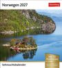"Norwegen 2027", "Sehnsuchtskalender", "Mit 53 Postkarten zum Heraustrennen". Landschaftsfoto mit rotem Haus auf einer Insel.