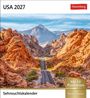 "USA 2027", "Sehnsuchtskalender", "Mit 53 Postkarten zum Heraustrennen". Eine Straße durch rote Felslandschaft.