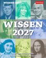 Text: "WISSEN 2027. Quizfragen aus Geschichte, Politik, Kultur, Technik und Sport." Bunte Porträts berühmter Persönlichkeiten.