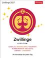 „Zwillinge 2027. Zwillinge 21.05.–21.06. Gesellig, wissbegierig, tolerant, kommunikativ, vielseitig, lebhaft, charmant.“ Oberhalb ein Kreis mit dem Zwilling-Symbol.