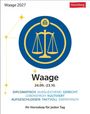 Waage 2027. Waage. 24.09.–23.10. Diplomatisch, gerecht, lebensfroh. Illustration: Waage-Symbol in blau-gold.