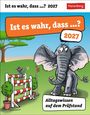 "Ist es wahr, dass ...? 2027. Alltagswissen auf dem Prüfstand." Illustration: Maus und Elefant beim Hürdenlauf.