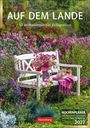 "AUF DEM LANDE", "53 stimmungsvolle Fotografien". Eine weiße Bank mit Blumenstrauß, umgeben von bunten Blumen.