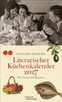 Titel: "Literarischer Küchenkalender 2027". Zwei Frauen und ein Mann beim gemeinsamen Essen von Pasta.