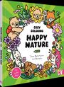 "Cosy Coloring: Happy Nature. Süße Naturmotive zum Ausmalen. Für jedes Alter." Bunte Tiere und Blumen auf grünem Hintergrund.