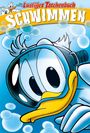 'Lustiges Taschenbuch SCHWIMMEN' in großen Buchstaben. Eine Ente mit Schnorchel, umgeben von Luftblasen. Cartoon-Stil.