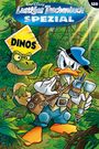 „Dinos“ und „Lustiges Taschenbuch Spezial“. Eine Ente im Dschungel hält Ausrüstung, ein Dinosaurier schaut hinter ihr hervor.