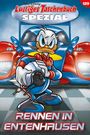 Titel: "Lustiges Taschenbuch Spezial". Text unten: "Rennen in Entenhausen". Illustration: Ein ärgerlicher Donald Duck vor einem Rennwagen.