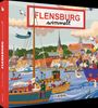 „FLENSBURG wimmelt“, Illustration mit Hafen, Booten, Menschen und Gebäuden, lebendige Stadtlandschaft.