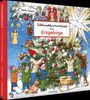 "Weihnachtswimmelspaß im Erzgebirge." Bunte Illustration: Kinder schmücken Baum mit Kugeln und Sternen, umgeben von Tieren.