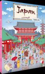 Japan wimmelt, Dominik Katz. Eine lebhafte Illustration eines traditionellen Tempels mit vielen Menschen und bunten Details.