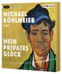 "Michael Köhlmeier liest: Mein privates Glück." Illustration eines jungen Mannes, farbenfroher Stil. "der Hörverlag" Logo.