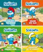 "PAPA SCHLUMPF SORGT FÜR ORDNUNG", "SCHLAUBI WEIß ALLES", "MUFFI HAT SCHLECHTE LAUNE", "SCHLUMPFINA IST DIE SCHÖNSTE". Comicszenen.
