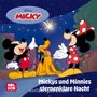 Text: "Mickys und Minnies sternenklare Nacht". Illustration mit Micky, Minnie und Pluto unter einem sternklaren Himmel.
