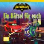 "Ein Rätsel für euch." Logo mit Schriftzug "Batwheels". Ein rotes Auto und ein Hubschrauber mit Gesicht und Fragezeichen.