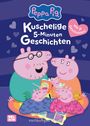 Text: Peppa Pig Kuschelige 5-Minuten Geschichten. Familienillustration mit Charakteren im Kreis, Herzen im Hintergrund.