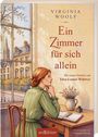 Buchtitel: "Ein Zimmer für sich allein". Autorin: Virginia Woolf. Illustration: Frau sitzt am Schreibtisch, schaut aus Fenster.