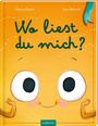 Text: "Wo liest du mich?" Illustration mit lächelndem Gesicht auf orangem Hintergrund.