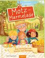 „Motz-Marmelade“, „Eine Geschichte vom Streiten und Vertragen“. Illustration von vier Personen im Garten mit Marmelade.