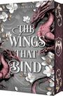 „The Wings That Bind“. Zwei rosafarbene Drachen vor grauem Hintergrund mit weißen Blumen und goldenen Akzenten.