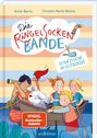 „Die Ringelsockenbande: Schatzsuche im Glitzersee“. Kinder in einem Boot, Illustration mit Fernglas und Hund.
