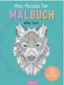 „Mein Mandala-Tier-Malbuch: Wilde Tiere, 30 Malvorlagen“. Mandala eines stilisierten Wolfes auf türkisfarbenem Hintergrund.
