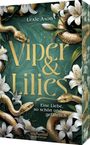 „Viper & Lilies“, „Eine Liebe, so schön und gefährlich“. Goldene Schlangen und weiße Lilien auf grünem Hintergrund.
