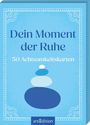 Text: "Dein Moment der Ruhe – 50 Achtsamkeitskarten". Illustration: Steine in Balance, blaues Design mit dekorativem Rand.