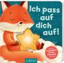 Text: "Ich pass auf dich auf!" Illustration: Ein lächelnder Fuchs mit geschlossenen Augen hält einen Stern umgeben von Wolken.
