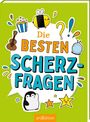 "Die besten Scherzfragen" in bunten Buchstaben auf grünem Hintergrund, mit Illustrationen von Biene, Pinguin und Stern.