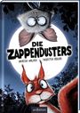 "Die Zappenduster" steht groß in der Mitte. Ein Eichhörnchen schaut erstaunt, darüber eine Fledermaus kopfüber.