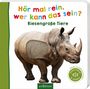 „Hör mal rein, wer kann das sein? Riesengroße Tiere“; Bild eines Nashorns mit fühlbarem Bereich auf der Haut.