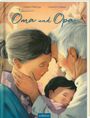 „Oma und Opa" von Hélène Delforge und Quentin Gréban. Illustration von älterem Paar und Kind, innig vereint.