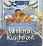 Text: „Winterzeit, Kuschelzeit“, Jaimie MacGibbon. Illustration: Zwei Kinder auf einem Sofa, eingehüllt in Decken, umgeben von Katzen.
