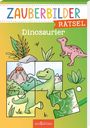 Titel: "ZAUBERBILDER RÄTSEL Dinosaurier". Illustration mit Dinosauriern und Vulkanausbruch, Puzzle-Motiv.