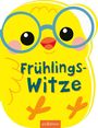 "Frühlings-Witze". Illustration eines gelben Kükens mit blauer Brille und rosa Wangen. Unten "arsEdition".