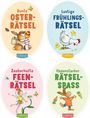 Vier ovale Buchcover zeigen Tiere und Fantasiefiguren mit dem Thema Rätselspaß zu Ostern und Frühling.