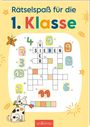 „Rätselspaß für die 1. Klasse“. Ein buntes Gitterrätsel mit Zahlen und Wörtern. Illustration mit Hund und Schmetterling.