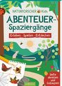 „Natuforscher Kids - Abenteuer-Spaziergänge: Erleben, Spielen, Entdecken. Seite abreißen und loslaufen!“ Oben Blätter, unten Naturillustrationen mit Tieren.