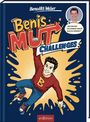„Benis MUT Challenges“, „Sei mutig! Du kannst mehr als du denkst!“. Illustration eines springenden Jungen im Comic-Stil.