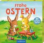 "Frohe OSTERN" und "20 Vorlesekarten" stehen auf einer Illustration mit zwei Osterhasen, die Eier bemalen.