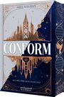 "CONFORM" in Weiß auf blauem Hintergrund, umgeben von goldenen geometrischen und himmlischen Mustern.