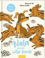 Text: "Nach einer wahren Geschichte", "Sidney von Veh", "Sabrina Schmohl", "Nala und die wilde Bande". 

Illustration: Ein Hund umgeben von fröhlichen Frischlingen und Blumen.
