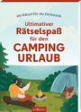 "Ultimativer Rätselspaß für den Campingurlaub." Zwei Personen sitzen vor einem Zelt am Lagerfeuer, umgeben von Bäumen.
