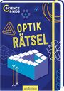 „OPTIK RÄTSEL“ in gelber Schrift mit geometrischen Formen und optischen Illusionen auf blauem Hintergrund.